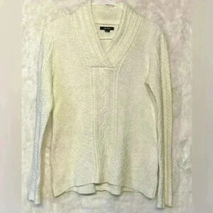 Nautica White Womens Cable Knit V Neck Shawl Collar Business Career Sweater Med